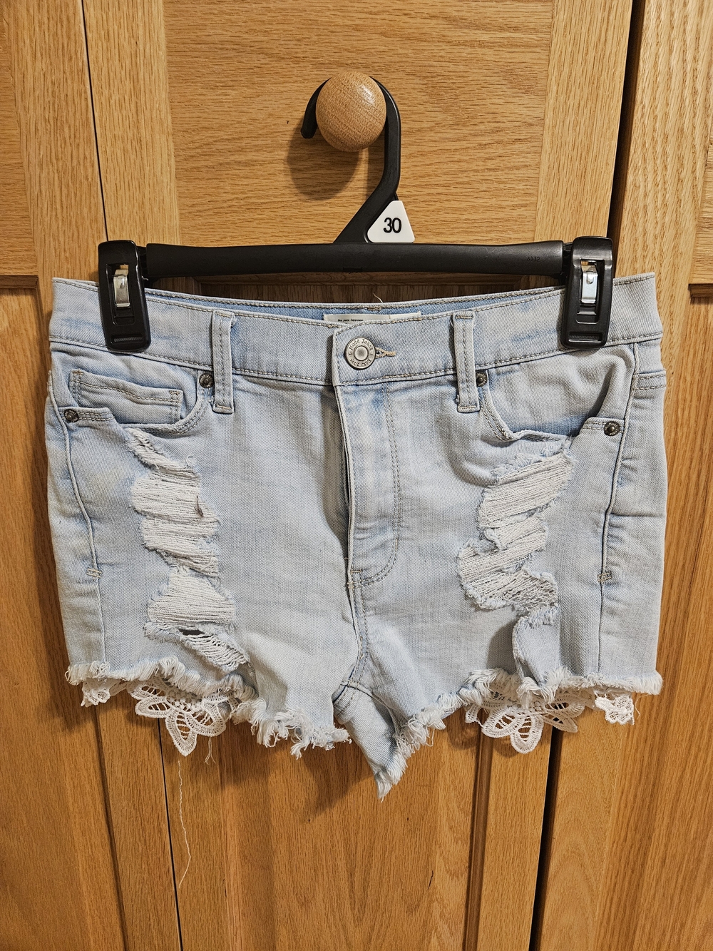 Mudd Light Blue Distressed Denim Lace Daisy Dukes